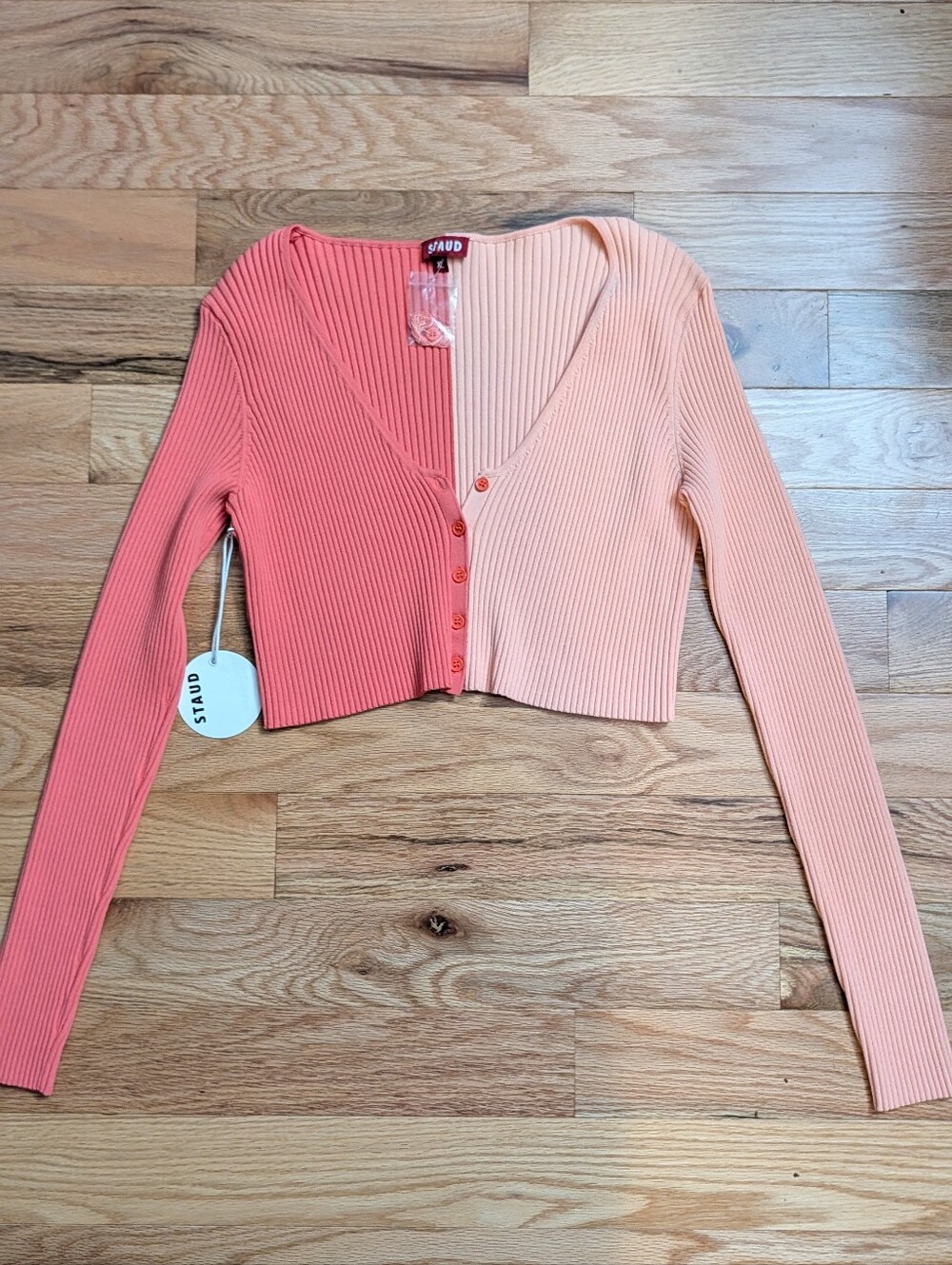 STAUD Colorblock Ribbed Knit Cropped Cardigan Sweater NWT Extra Large XL Pink